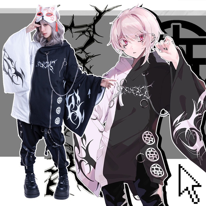 Jillpunk ゑいたコラボ 電子龍 サイバードラゴン エレクトロ 二次コン アニメ Ⅾ-リング細工 タッセル チェーン付き 振袖 現代羽織 獣耳フード付きジャケット オリジナル おしゃれ 男女兼用