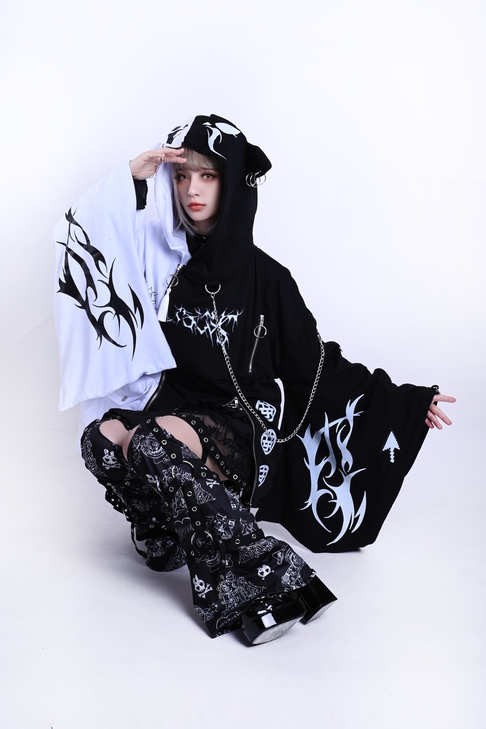 Jillpunk ゑいたコラボ 電子龍 サイバードラゴン エレクトロ 二次コン アニメ Ⅾ-リング細工 タッセル チェーン付き 振袖 現代羽織 獣耳フード付きジャケット オリジナル おしゃれ 男女兼用