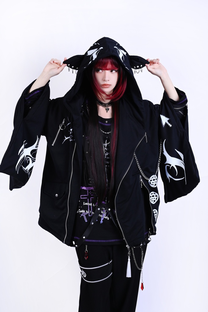 Jillpunk ゑいたコラボ 電子龍 サイバードラゴン エレクトロ 二次コン アニメ Ⅾ-リング細工 タッセル チェーン付き 振袖 現代羽織 獣耳フード付きジャケット オリジナル おしゃれ 男女兼用