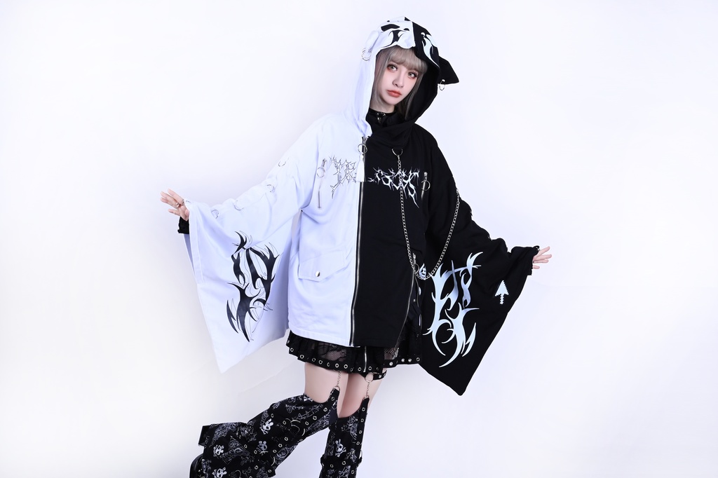 Jillpunk ゑいたコラボ 電子龍 サイバードラゴン エレクトロ 二次コン アニメ Ⅾ-リング細工 タッセル チェーン付き 振袖 現代羽織 獣耳フード付きジャケット オリジナル おしゃれ 男女兼用