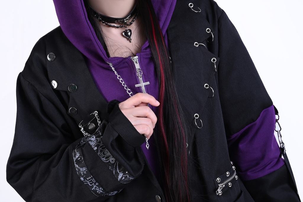 Jillpunk ヴィジュアル系 パンク ダーク系 星座シリーズ 星月瓶 水瓶座 重ね着風 鎖チェーン クロスチャーム付き ゆったり 長袖 パーカー フード付きジャケット メンズ レディー V系 オリジナル おしゃれ 男女兼用ファッション