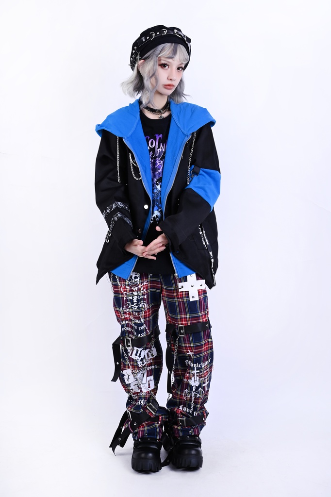 Jillpunk ヴィジュアル系 パンク ダーク系 星座シリーズ 星月瓶 水瓶座 重ね着風 鎖チェーン クロスチャーム付き ゆったり 長袖 パーカー フード付きジャケット メンズ レディー V系 オリジナル おしゃれ 男女兼用ファッション