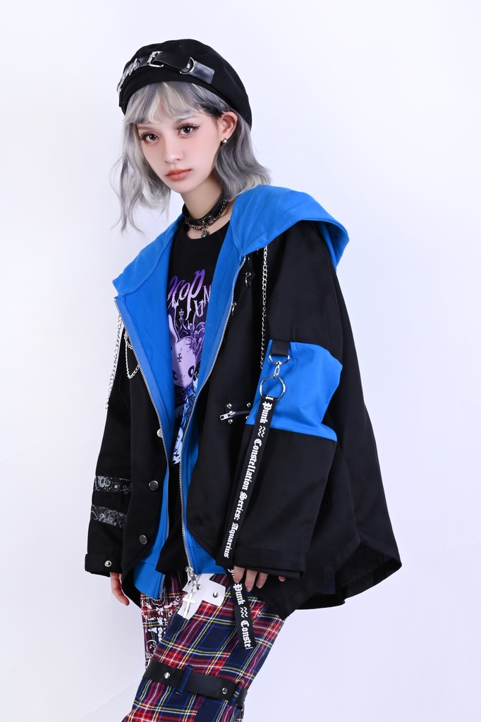 Jillpunk ヴィジュアル系 パンク ダーク系 星座シリーズ 星月瓶 水瓶座 重ね着風 鎖チェーン クロスチャーム付き ゆったり 長袖 パーカー フード付きジャケット メンズ レディー V系 オリジナル おしゃれ 男女兼用ファッション