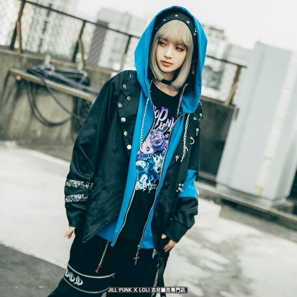 Jillpunk ヴィジュアル系 パンク ダーク系 星座シリーズ 星月瓶 水瓶座 重ね着風 鎖チェーン クロスチャーム付き ゆったり 長袖 パーカー フード付きジャケット メンズ レディー V系 オリジナル おしゃれ 男女兼用ファッション