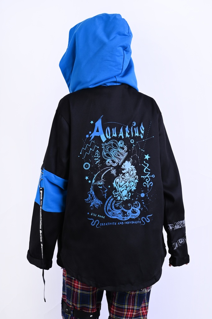 Jillpunk ヴィジュアル系 パンク ダーク系 星座シリーズ 星月瓶 水瓶座 重ね着風 鎖チェーン クロスチャーム付き ゆったり 長袖 パーカー フード付きジャケット メンズ レディー V系 オリジナル おしゃれ 男女兼用ファッション