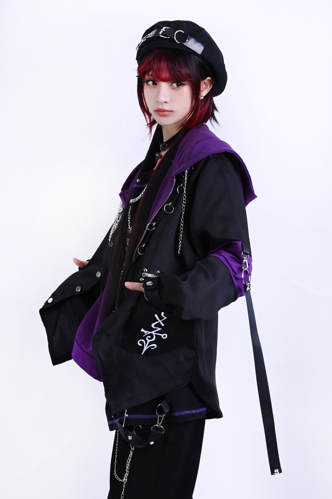 Jillpunk ヴィジュアル系 パンク ダーク系 星座シリーズ 星月瓶 水瓶座 重ね着風 鎖チェーン クロスチャーム付き ゆったり 長袖 パーカー フード付きジャケット メンズ レディー V系 オリジナル おしゃれ 男女兼用ファッション