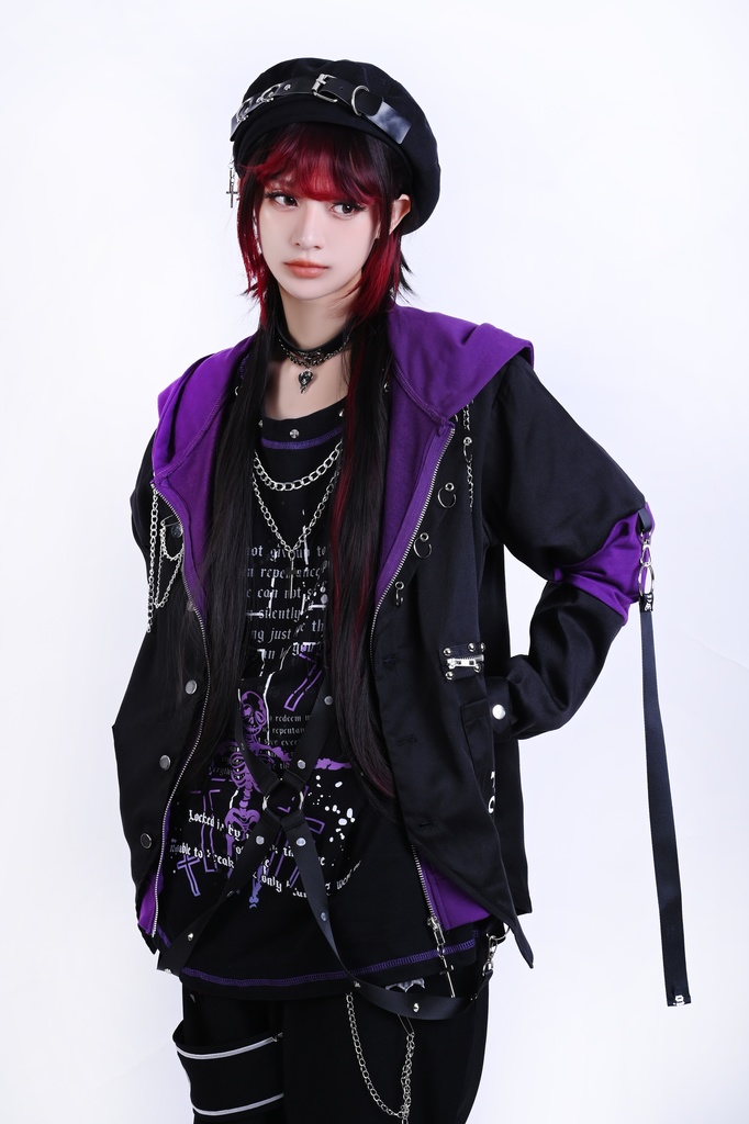 Jillpunk ヴィジュアル系 パンク ダーク系 星座シリーズ 星月瓶 水瓶座 重ね着風 鎖チェーン クロスチャーム付き ゆったり 長袖 パーカー フード付きジャケット メンズ レディー V系 オリジナル おしゃれ 男女兼用ファッション