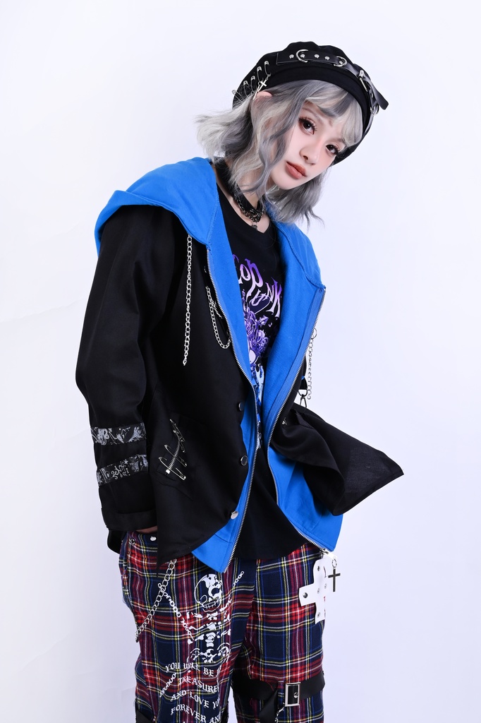 Jillpunk ヴィジュアル系 パンク ダーク系 星座シリーズ 星月瓶 水瓶座 重ね着風 鎖チェーン クロスチャーム付き ゆったり 長袖 パーカー フード付きジャケット メンズ レディー V系 オリジナル おしゃれ 男女兼用ファッション