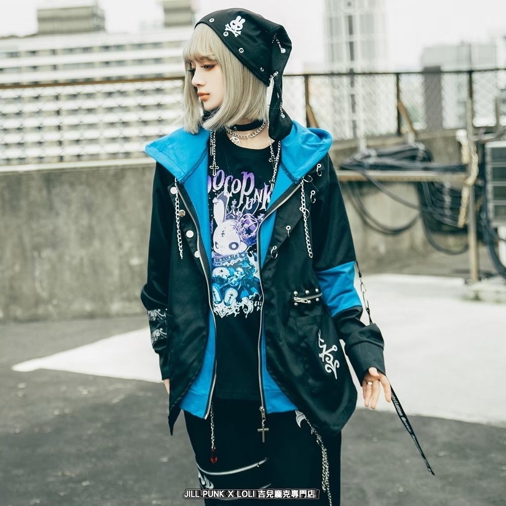Jillpunk ヴィジュアル系 パンク ダーク系 星座シリーズ 星月瓶 水瓶座 重ね着風 鎖チェーン クロスチャーム付き ゆったり 長袖 パーカー フード付きジャケット メンズ レディー V系 オリジナル おしゃれ 男女兼用ファッション