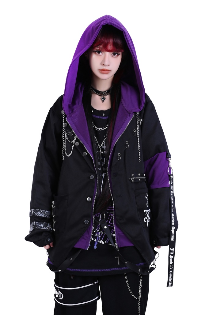 Jillpunk ヴィジュアル系 パンク ダーク系 星座シリーズ 星月瓶 水瓶座 重ね着風 鎖チェーン クロスチャーム付き ゆったり 長袖 パーカー フード付きジャケット メンズ レディー V系 オリジナル おしゃれ 男女兼用ファッション