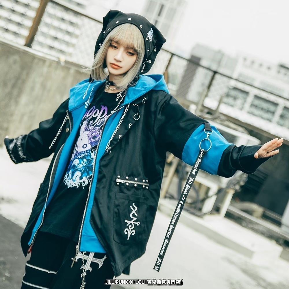 Jillpunk ヴィジュアル系 パンク ダーク系 星座シリーズ 星月瓶 水瓶座 重ね着風 鎖チェーン クロスチャーム付き ゆったり 長袖 パーカー フード付きジャケット メンズ レディー V系 オリジナル おしゃれ 男女兼用ファッション