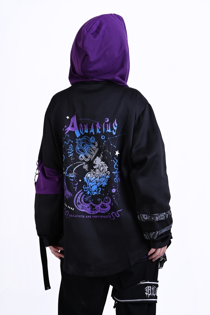 Jillpunk ヴィジュアル系 パンク ダーク系 星座シリーズ 星月瓶 水瓶座 重ね着風 鎖チェーン クロスチャーム付き ゆったり 長袖 パーカー フード付きジャケット メンズ レディー V系 オリジナル おしゃれ 男女兼用ファッション
