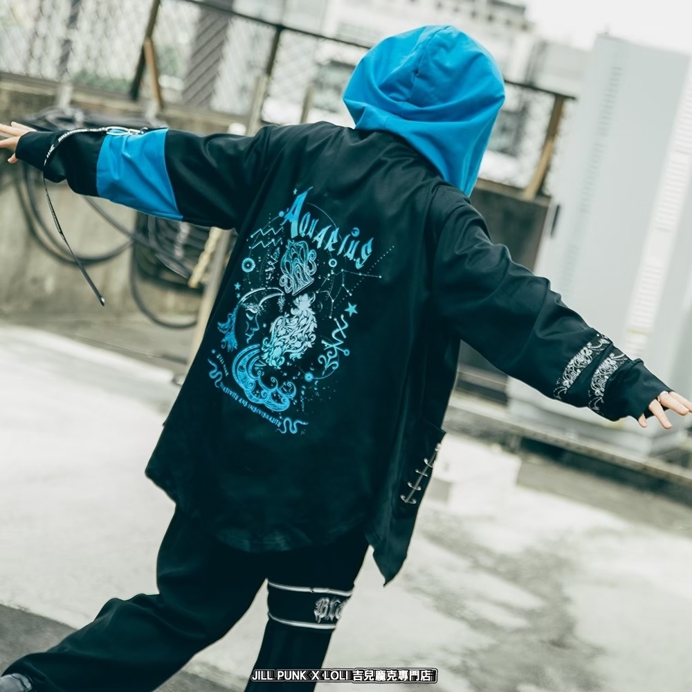 Jillpunk ヴィジュアル系 パンク ダーク系 星座シリーズ 星月瓶 水瓶座 重ね着風 鎖チェーン クロスチャーム付き ゆったり 長袖 パーカー フード付きジャケット メンズ レディー V系 オリジナル おしゃれ 男女兼用ファッション