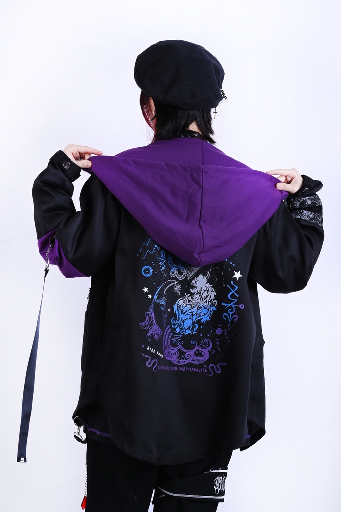 Jillpunk ヴィジュアル系 パンク ダーク系 星座シリーズ 星月瓶 水瓶座 重ね着風 鎖チェーン クロスチャーム付き ゆったり 長袖 パーカー フード付きジャケット メンズ レディー V系 オリジナル おしゃれ 男女兼用ファッション