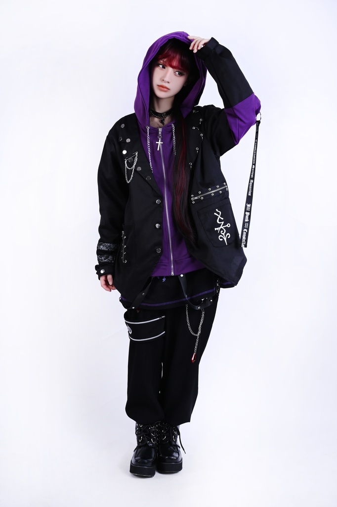 Jillpunk ヴィジュアル系 パンク ダーク系 星座シリーズ 星月瓶 水瓶座 重ね着風 鎖チェーン クロスチャーム付き ゆったり 長袖 パーカー フード付きジャケット メンズ レディー V系 オリジナル おしゃれ 男女兼用ファッション