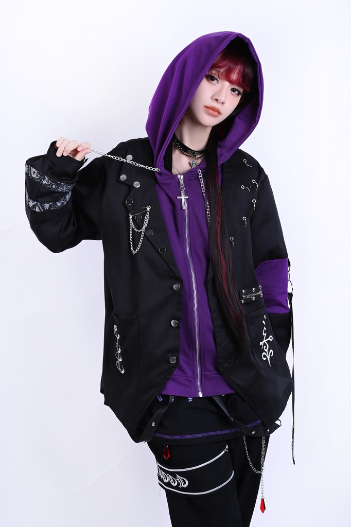 Jillpunk ヴィジュアル系 パンク ダーク系 星座シリーズ 星月瓶 水瓶座 重ね着風 鎖チェーン クロスチャーム付き ゆったり 長袖 パーカー フード付きジャケット メンズ レディー V系 オリジナル おしゃれ 男女兼用ファッション