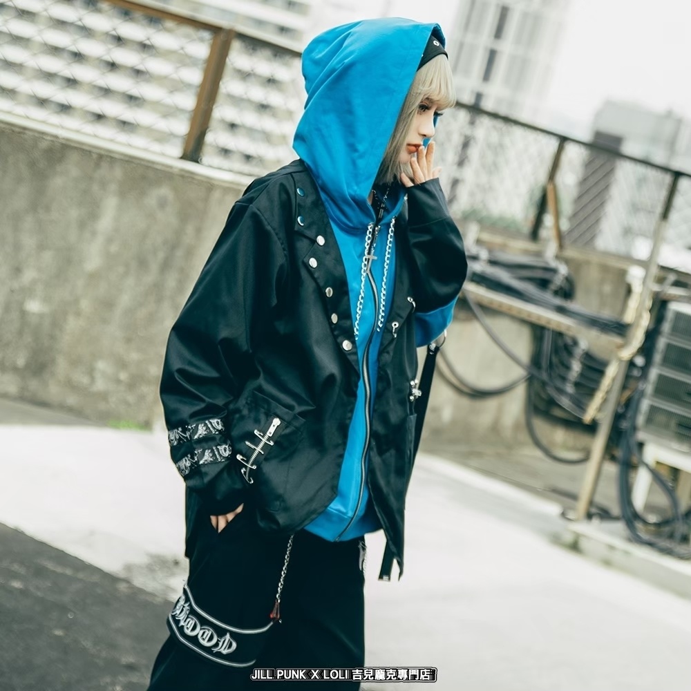 Jillpunk ヴィジュアル系 パンク ダーク系 星座シリーズ 星月瓶 水瓶座 重ね着風 鎖チェーン クロスチャーム付き ゆったり 長袖 パーカー フード付きジャケット メンズ レディー V系 オリジナル おしゃれ 男女兼用ファッション