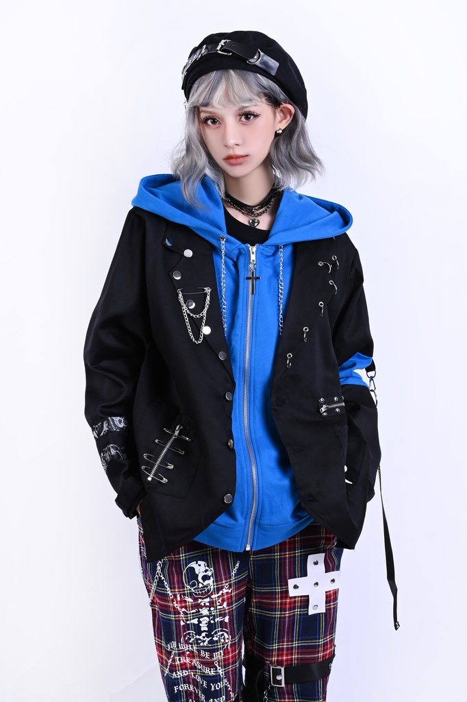 Jillpunk ヴィジュアル系 パンク ダーク系 星座シリーズ 星月瓶 水瓶座 重ね着風 鎖チェーン クロスチャーム付き ゆったり 長袖 パーカー フード付きジャケット メンズ レディー V系 オリジナル おしゃれ 男女兼用ファッション