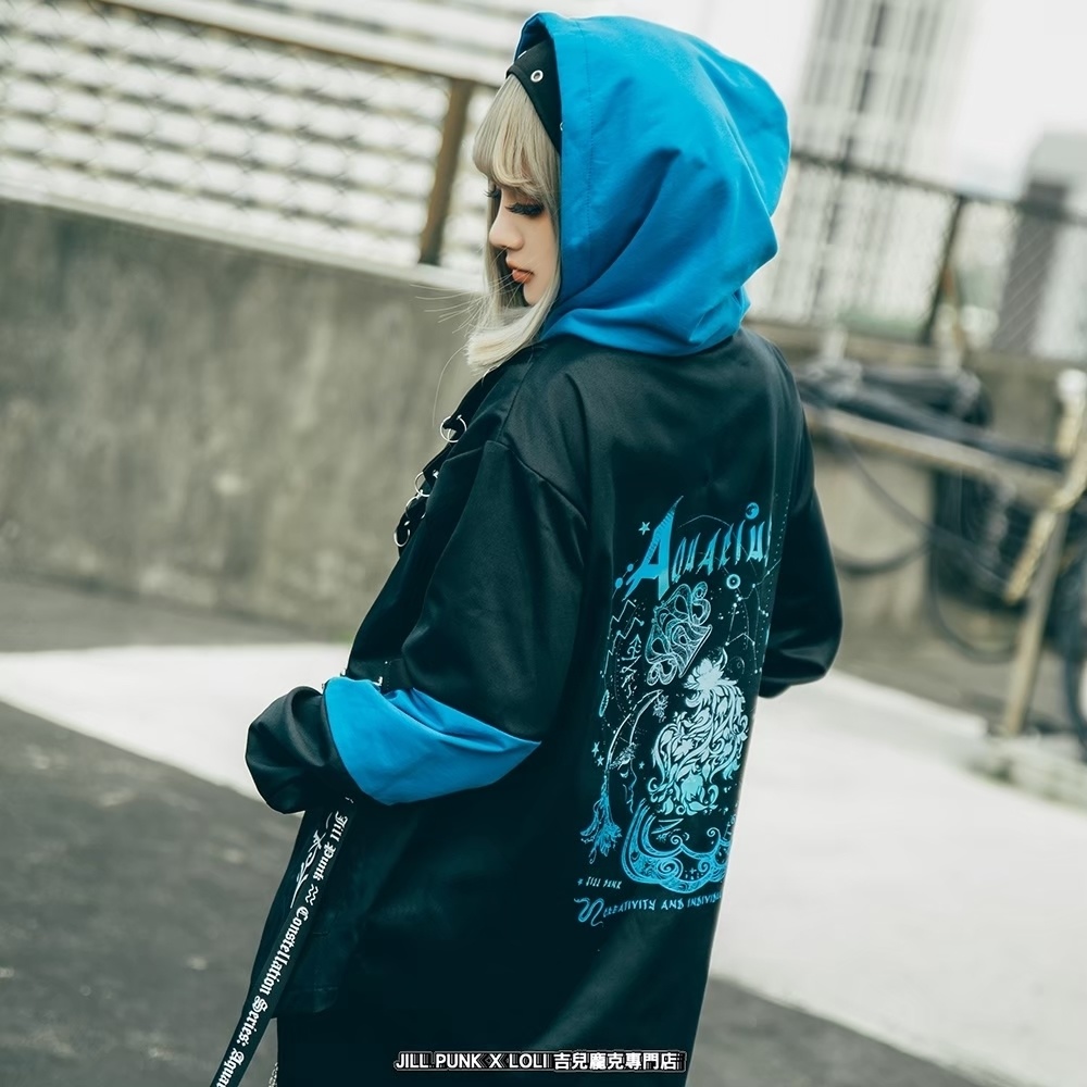 Jillpunk ヴィジュアル系 パンク ダーク系 星座シリーズ 星月瓶 水瓶座 重ね着風 鎖チェーン クロスチャーム付き ゆったり 長袖 パーカー フード付きジャケット メンズ レディー V系 オリジナル おしゃれ 男女兼用ファッション