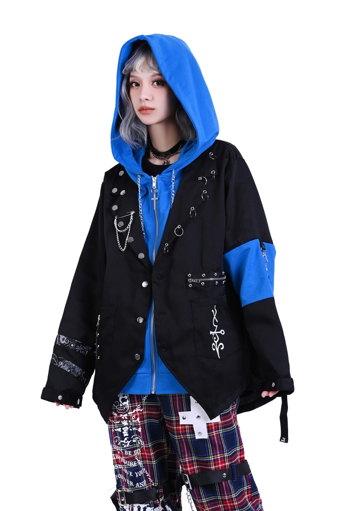 Jillpunk ヴィジュアル系 パンク ダーク系 星座シリーズ 星月瓶 水瓶座 重ね着風 鎖チェーン クロスチャーム付き ゆったり 長袖 パーカー フード付きジャケット メンズ レディー V系 オリジナル おしゃれ 男女兼用ファッション