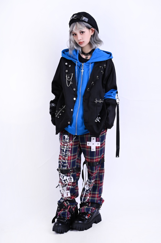 Jillpunk ヴィジュアル系 パンク ダーク系 星座シリーズ 星月瓶 水瓶座 重ね着風 鎖チェーン クロスチャーム付き ゆったり 長袖 パーカー フード付きジャケット メンズ レディー V系 オリジナル おしゃれ 男女兼用ファッション