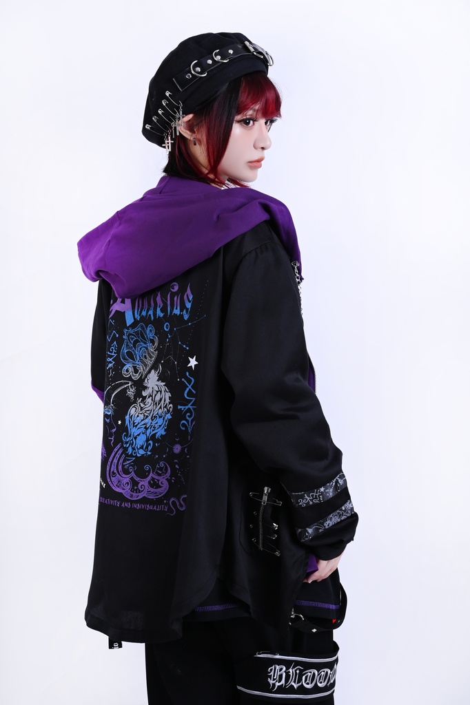 Jillpunk ヴィジュアル系 パンク ダーク系 星座シリーズ 星月瓶 水瓶座 重ね着風 鎖チェーン クロスチャーム付き ゆったり 長袖 パーカー フード付きジャケット メンズ レディー V系 オリジナル おしゃれ 男女兼用ファッション