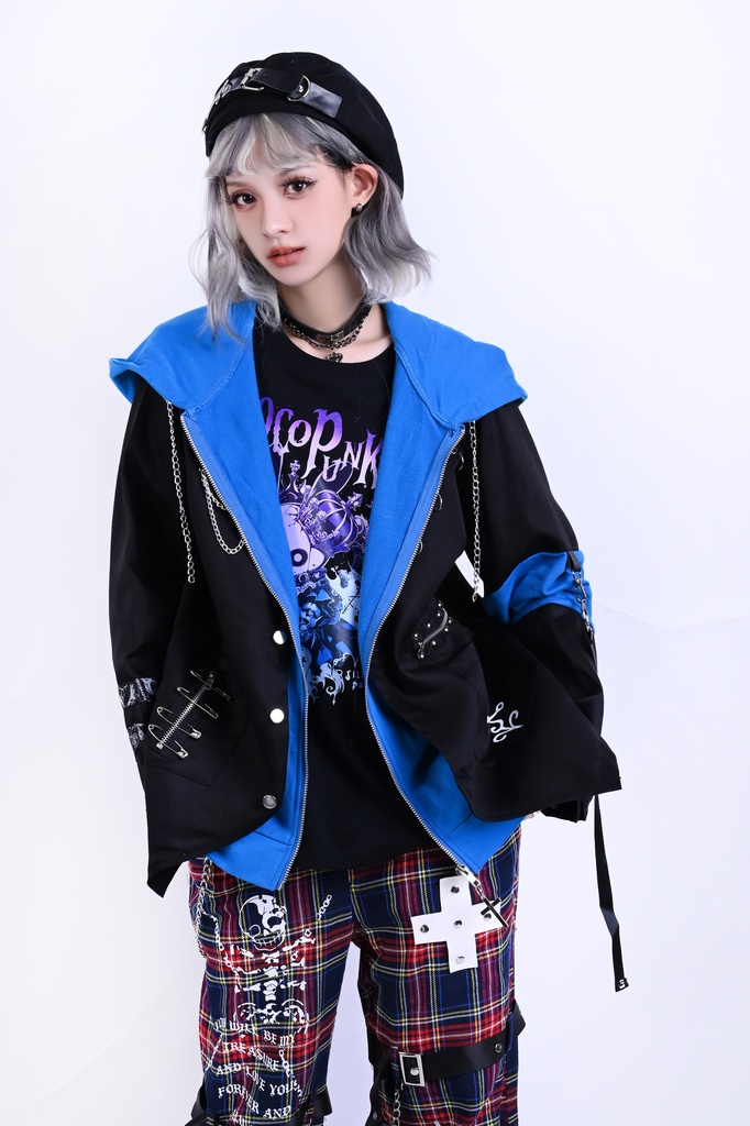 Jillpunk ヴィジュアル系 パンク ダーク系 星座シリーズ 星月瓶 水瓶座 重ね着風 鎖チェーン クロスチャーム付き ゆったり 長袖 パーカー フード付きジャケット メンズ レディー V系 オリジナル おしゃれ 男女兼用ファッション