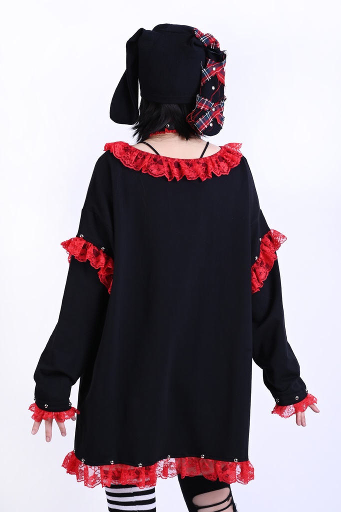 Jillpunk ゴシック クール系 ダーク風 堕天使 チョーカー付き フリルレースヘム 肋骨柄 長袖カットソー ワンピースTシャツ ゴシックロリータ フェミニン おしゃれ ファッション オリジナル