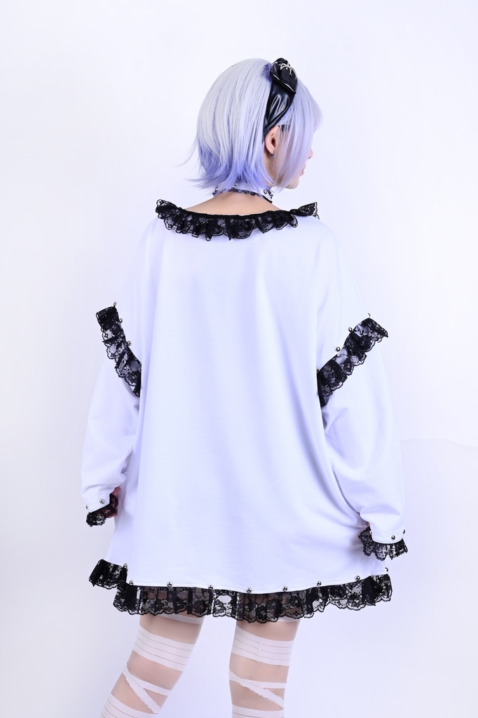 Jillpunk ゴシック クール系 ダーク風 堕天使 チョーカー付き フリルレースヘム 肋骨柄 長袖カットソー ワンピースTシャツ ゴシックロリータ フェミニン おしゃれ ファッション オリジナル
