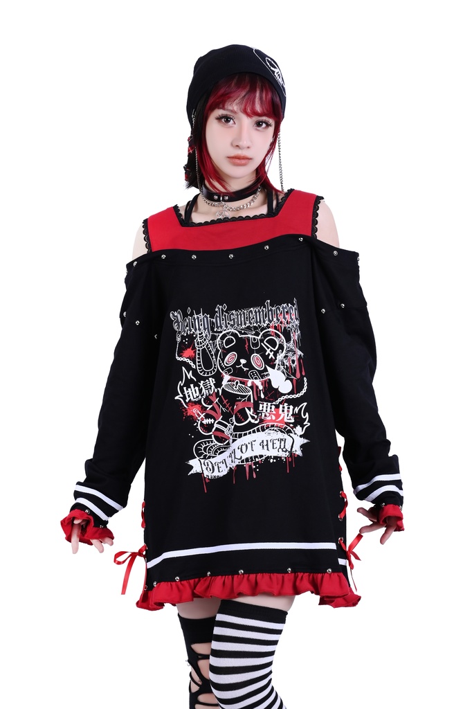 Jillpunk 病みカワ かわいい サブカル デュラハンベアー クマ柄 オフショルダー 肩出し フリルヘム リボンレース ゆったり 長袖Tシャツ カットソー 原宿系 可愛いパンク 個性的 動物 おしゃれ ファッション萌え