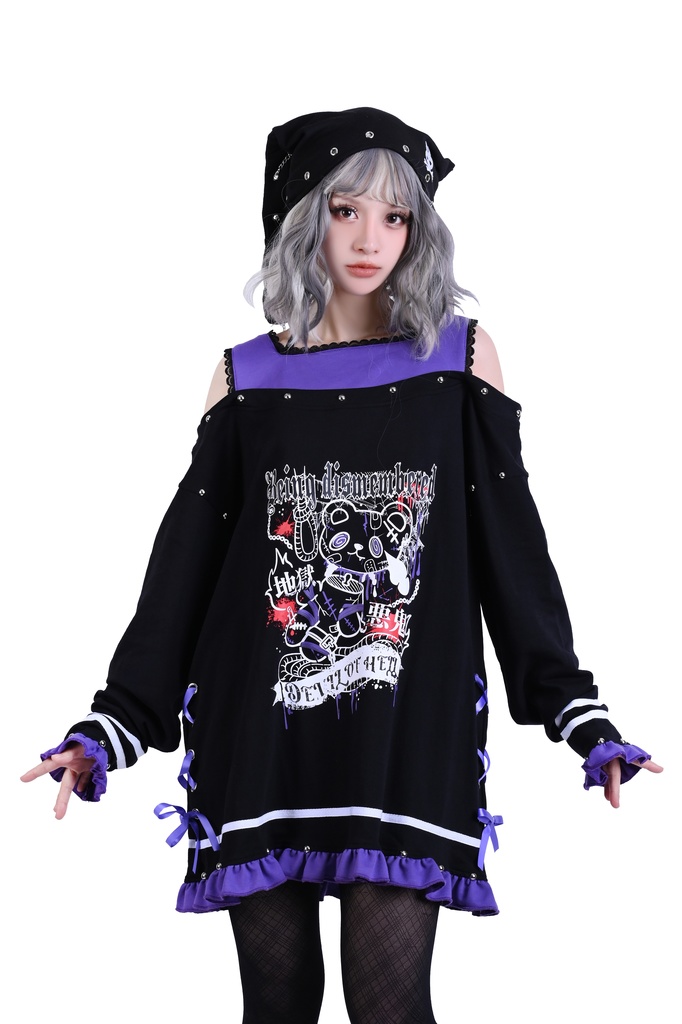 Jillpunk 病みカワ かわいい サブカル デュラハンベアー クマ柄 オフショルダー 肩出し フリルヘム リボンレース ゆったり 長袖Tシャツ カットソー 原宿系 可愛いパンク 個性的 動物 おしゃれ ファッション萌え