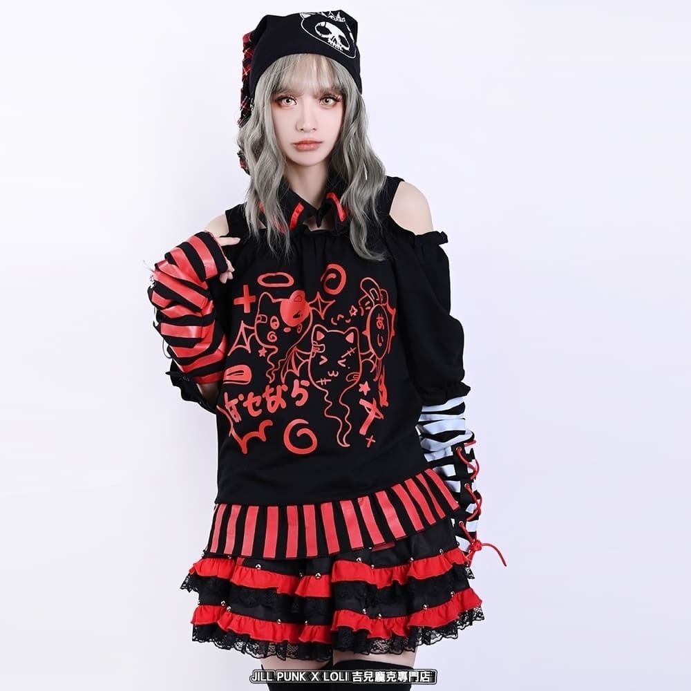 Jillpunk 夢かわ サブカル 病みカワ 騒霊ねこ 可愛い オフショルダー 肩出し チョーカー襟 バブルスリーブ クロップト丈 アームカバーは付きTシャツ カットソー 原宿系 猫系 個性的 動物 おしゃれ ファッション萌え
