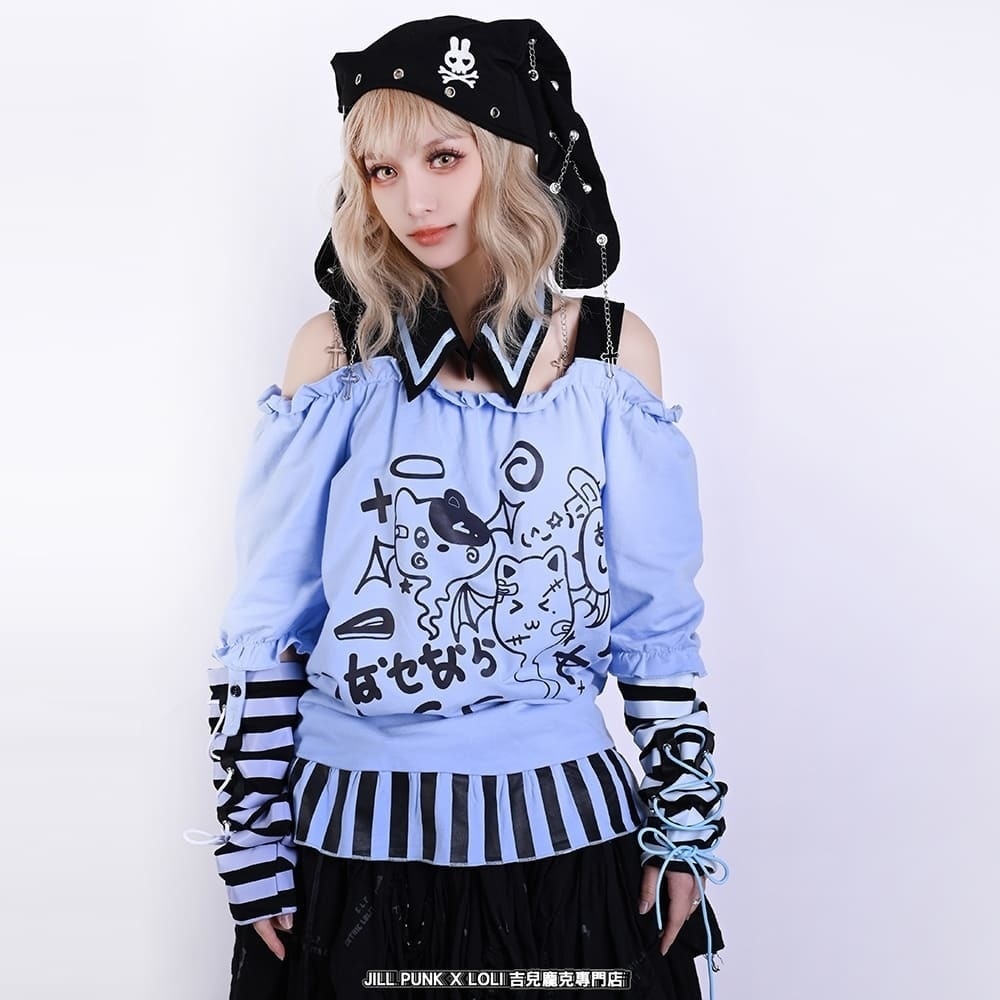 Jillpunk 夢かわ サブカル 病みカワ 騒霊ねこ 可愛い オフショルダー 肩出し チョーカー襟 バブルスリーブ クロップト丈 アームカバーは付きTシャツ カットソー 原宿系 猫系 個性的 動物 おしゃれ ファッション萌え