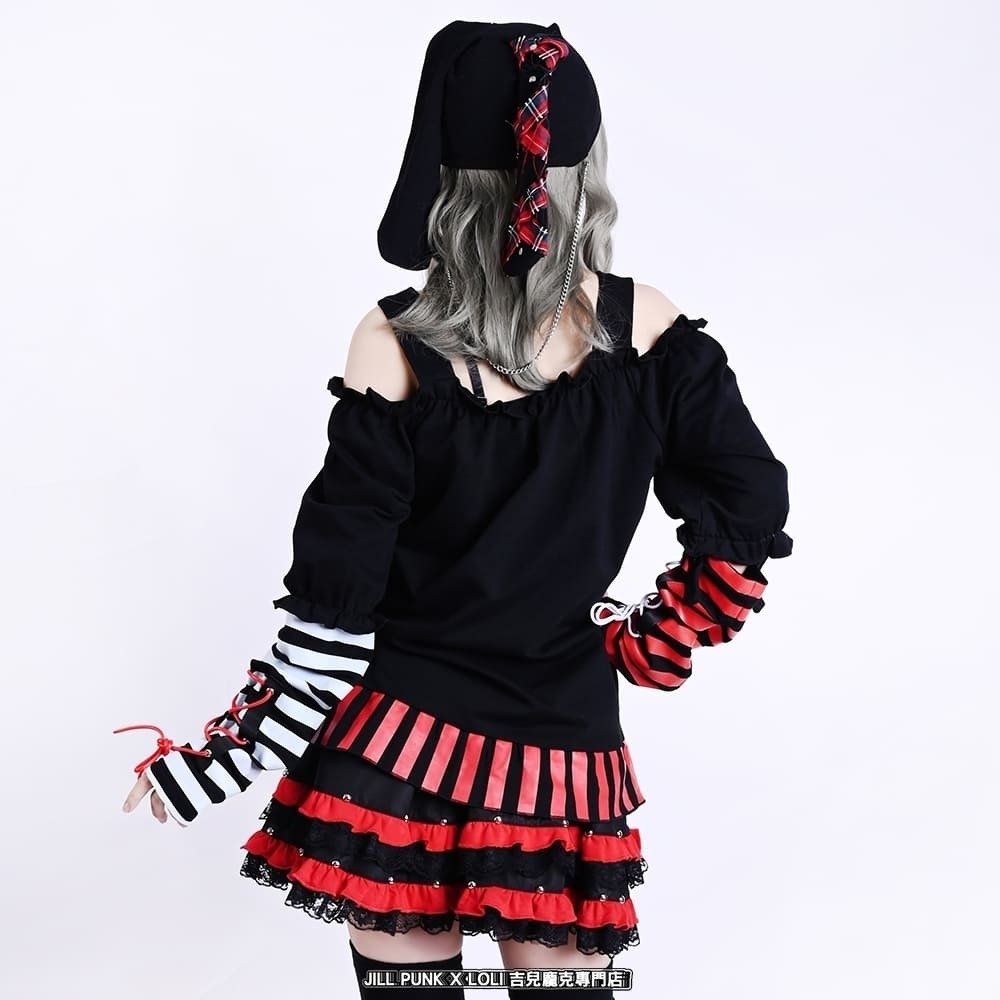 Jillpunk 夢かわ サブカル 病みカワ 騒霊ねこ 可愛い オフショルダー 肩出し チョーカー襟 バブルスリーブ クロップト丈 アームカバーは付きTシャツ カットソー 原宿系 猫系 個性的 動物 おしゃれ ファッション萌え