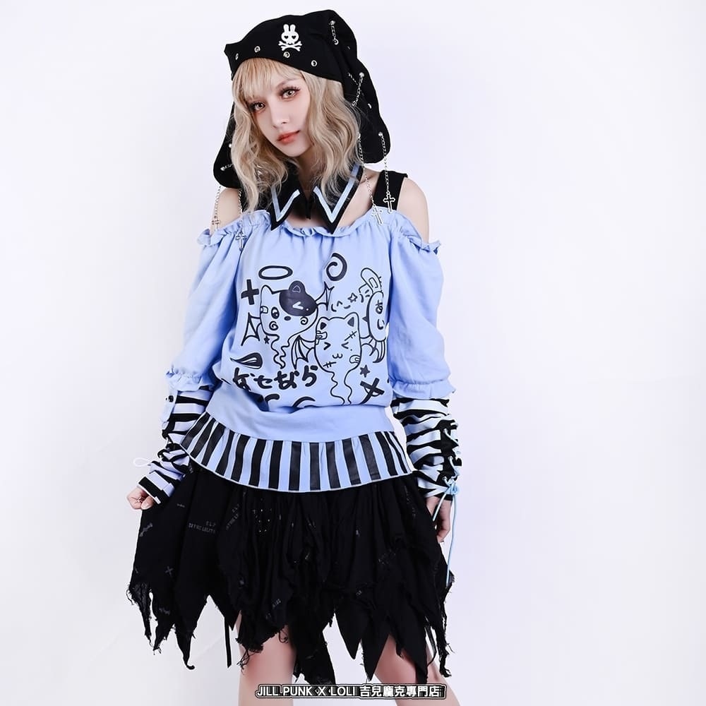Jillpunk 夢かわ サブカル 病みカワ 騒霊ねこ 可愛い オフショルダー 肩出し チョーカー襟 バブルスリーブ クロップト丈 アームカバーは付きTシャツ カットソー 原宿系 猫系 個性的 動物 おしゃれ ファッション萌え