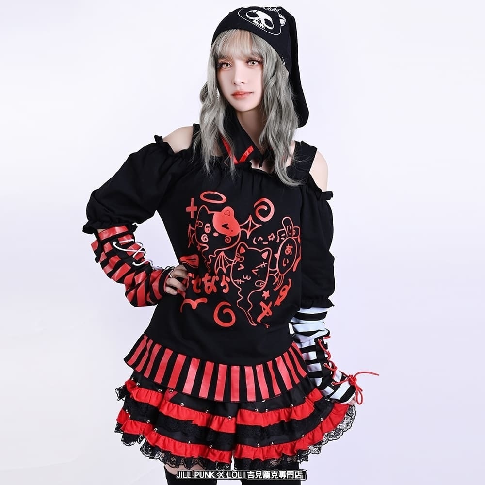 Jillpunk 夢かわ サブカル 病みカワ 騒霊ねこ 可愛い オフショルダー 肩出し チョーカー襟 バブルスリーブ クロップト丈 アームカバーは付きTシャツ カットソー 原宿系 猫系 個性的 動物 おしゃれ ファッション萌え