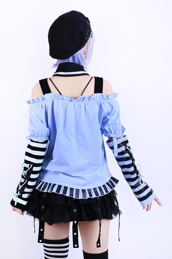 Jillpunk 夢かわ サブカル 病みカワ 騒霊ねこ 可愛い オフショルダー 肩出し チョーカー襟 バブルスリーブ クロップト丈 アームカバーは付きTシャツ カットソー 原宿系 猫系 個性的 動物 おしゃれ ファッション萌え