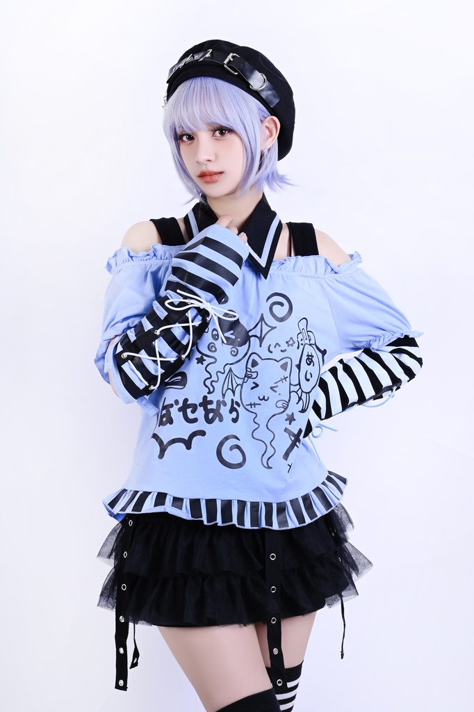 Jillpunk 夢かわ サブカル 病みカワ 騒霊ねこ 可愛い オフショルダー 肩出し チョーカー襟 バブルスリーブ クロップト丈 アームカバーは付きTシャツ カットソー 原宿系 猫系 個性的 動物 おしゃれ ファッション萌え