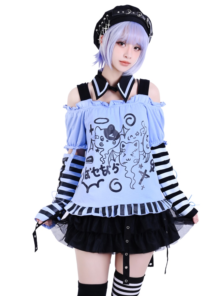 Jillpunk 夢かわ サブカル 病みカワ 騒霊ねこ 可愛い オフショルダー 肩出し チョーカー襟 バブルスリーブ クロップト丈 アームカバーは付きTシャツ カットソー 原宿系 猫系 個性的 動物 おしゃれ ファッション萌え