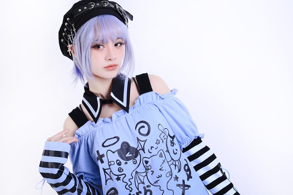 Jillpunk 夢かわ サブカル 病みカワ 騒霊ねこ 可愛い オフショルダー 肩出し チョーカー襟 バブルスリーブ クロップト丈 アームカバーは付きTシャツ カットソー 原宿系 猫系 個性的 動物 おしゃれ ファッション萌え