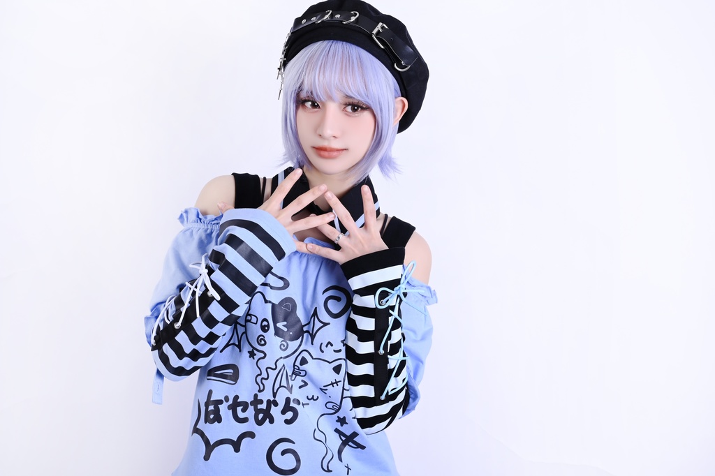 Jillpunk 夢かわ サブカル 病みカワ 騒霊ねこ 可愛い オフショルダー 肩出し チョーカー襟 バブルスリーブ クロップト丈 アームカバーは付きTシャツ カットソー 原宿系 猫系 個性的 動物 おしゃれ ファッション萌え