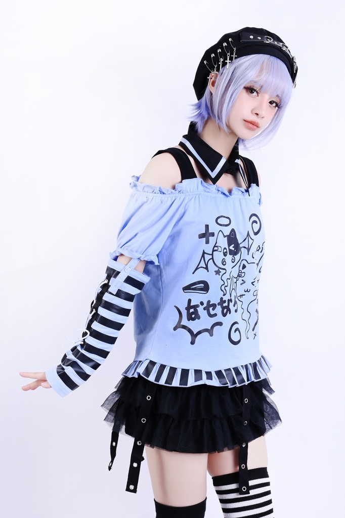 Jillpunk 夢かわ サブカル 病みカワ 騒霊ねこ 可愛い オフショルダー 肩出し チョーカー襟 バブルスリーブ クロップト丈 アームカバーは付きTシャツ カットソー 原宿系 猫系 個性的 動物 おしゃれ ファッション萌え