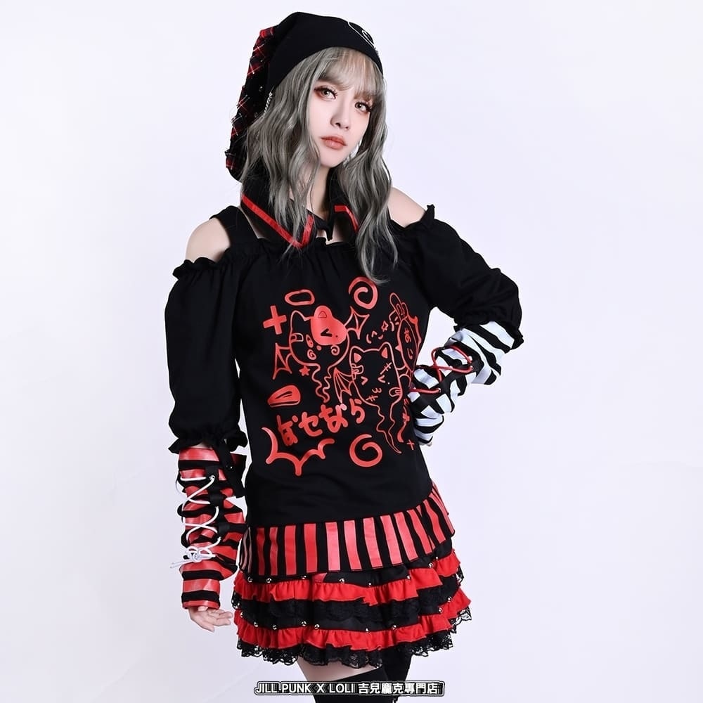 Jillpunk 夢かわ サブカル 病みカワ 騒霊ねこ 可愛い オフショルダー 肩出し チョーカー襟 バブルスリーブ クロップト丈 アームカバーは付きTシャツ カットソー 原宿系 猫系 個性的 動物 おしゃれ ファッション萌え