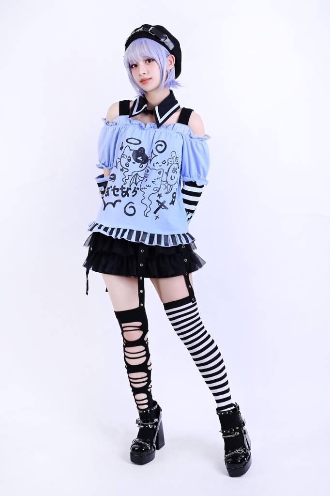 Jillpunk 夢かわ サブカル 病みカワ 騒霊ねこ 可愛い オフショルダー 肩出し チョーカー襟 バブルスリーブ クロップト丈 アームカバーは付きTシャツ カットソー 原宿系 猫系 個性的 動物 おしゃれ ファッション萌え