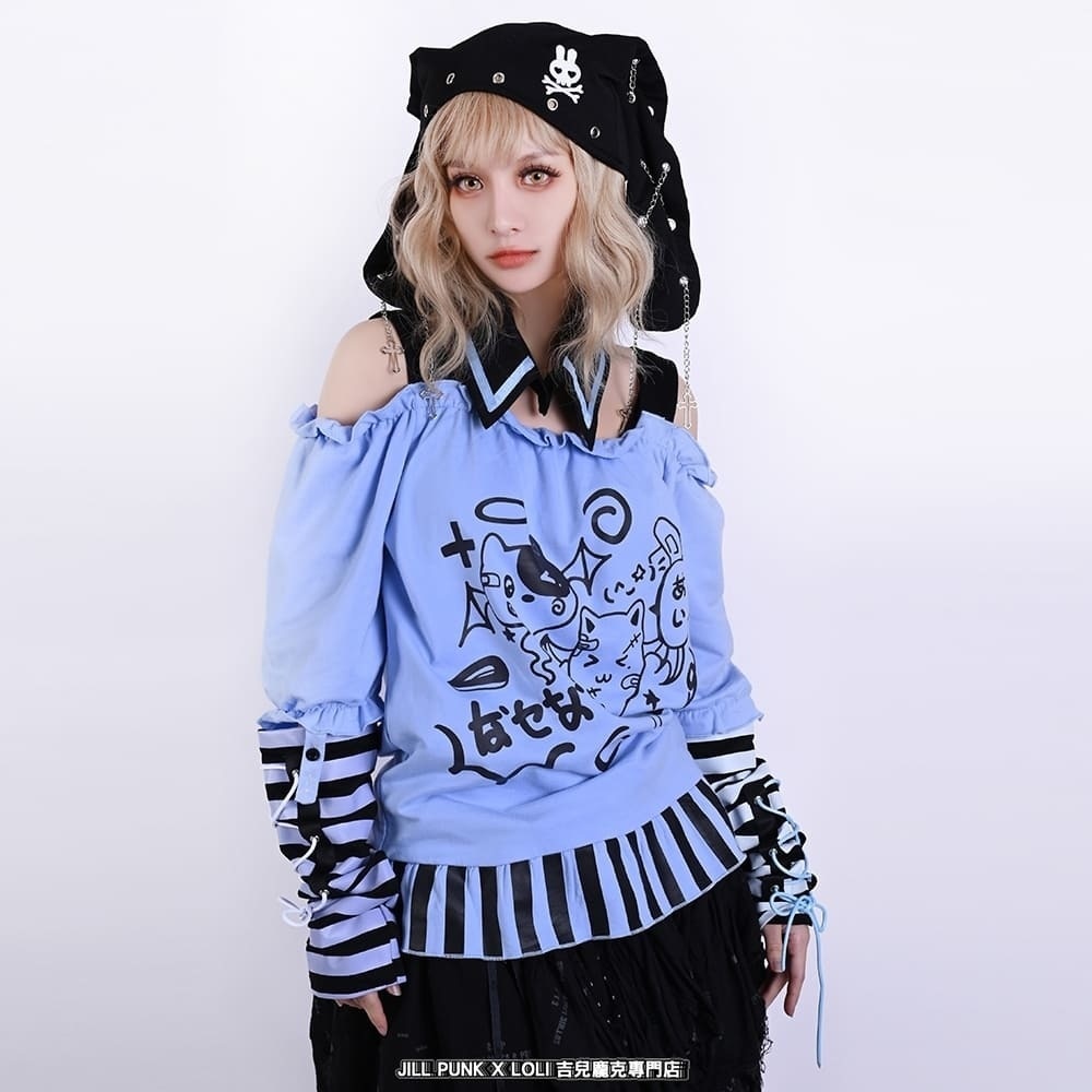 Jillpunk 夢かわ サブカル 病みカワ 騒霊ねこ 可愛い オフショルダー 肩出し チョーカー襟 バブルスリーブ クロップト丈 アームカバーは付きTシャツ カットソー 原宿系 猫系 個性的 動物 おしゃれ ファッション萌え