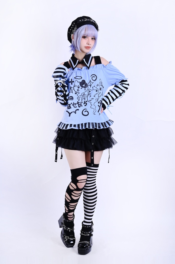 Jillpunk 夢かわ サブカル 病みカワ 騒霊ねこ 可愛い オフショルダー 肩出し チョーカー襟 バブルスリーブ クロップト丈 アームカバーは付きTシャツ カットソー 原宿系 猫系 個性的 動物 おしゃれ ファッション萌え