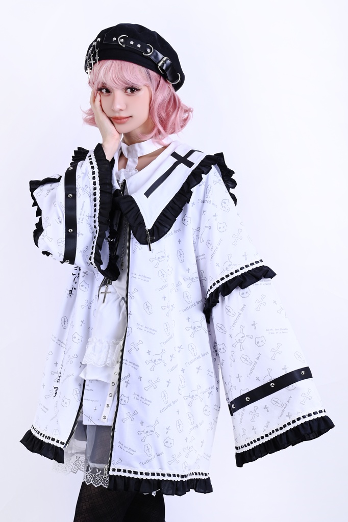 Jillpunk 和洋折衷 和洋風 ゴシック 愛の公式 天使羽根柄 クロスチャーム付き フリルヘム 着物袖 セーラージャケット 男女兼用 オリジナル メンズ レディー V系 カッコいい おしゃれ 男女兼用ファッション