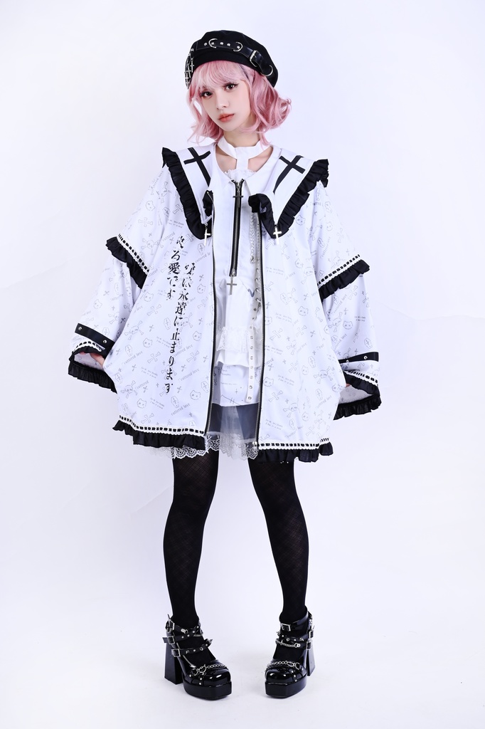 Jillpunk 和洋折衷 和洋風 ゴシック 愛の公式 天使羽根柄 クロスチャーム付き フリルヘム 着物袖 セーラージャケット 男女兼用 オリジナル メンズ レディー V系 カッコいい おしゃれ 男女兼用ファッション