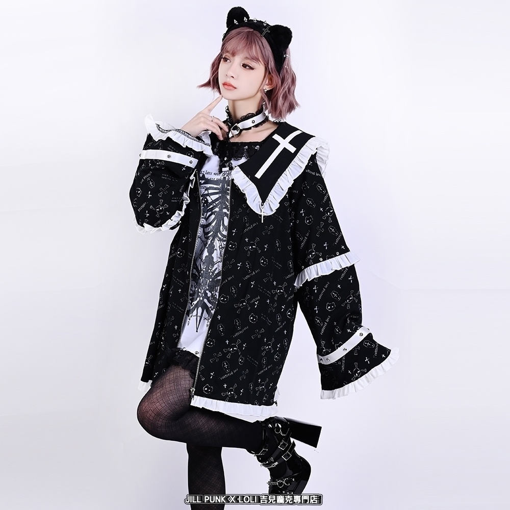 Jillpunk 和洋折衷 和洋風 ゴシック 愛の公式 天使羽根柄 クロスチャーム付き フリルヘム 着物袖 セーラージャケット 男女兼用 オリジナル メンズ レディー V系 カッコいい おしゃれ 男女兼用ファッション