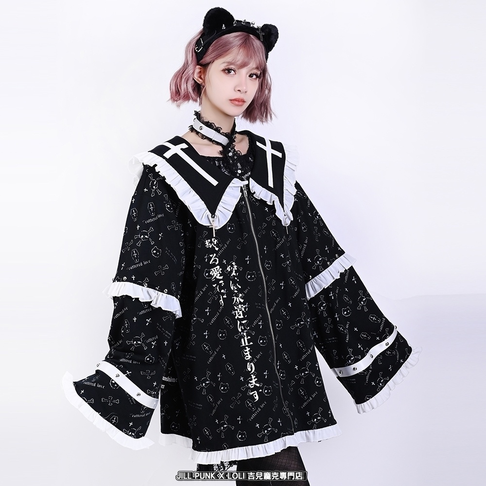 Jillpunk 和洋折衷 和洋風 ゴシック 愛の公式 天使羽根柄 クロスチャーム付き フリルヘム 着物袖 セーラージャケット 男女兼用 オリジナル メンズ レディー V系 カッコいい おしゃれ 男女兼用ファッション